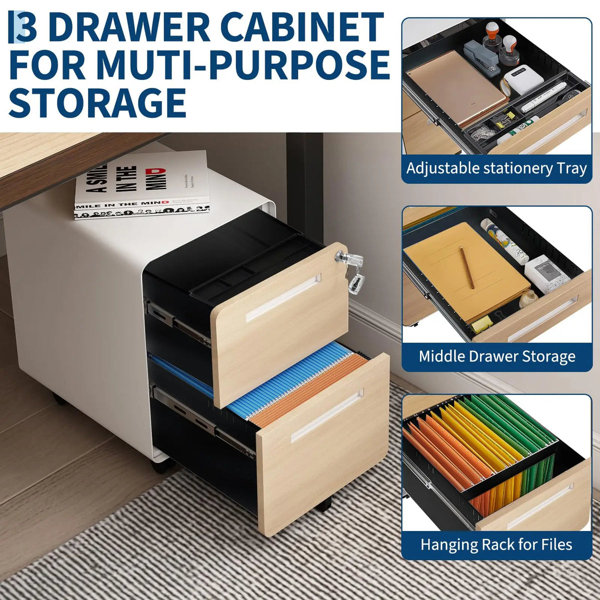 HiMISS Mobile Metal File Cabinet With Lock, Rolling Office Storage
