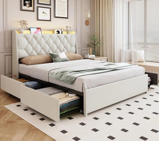 Platform Bed Frame With Storage Headboard And USB Charging