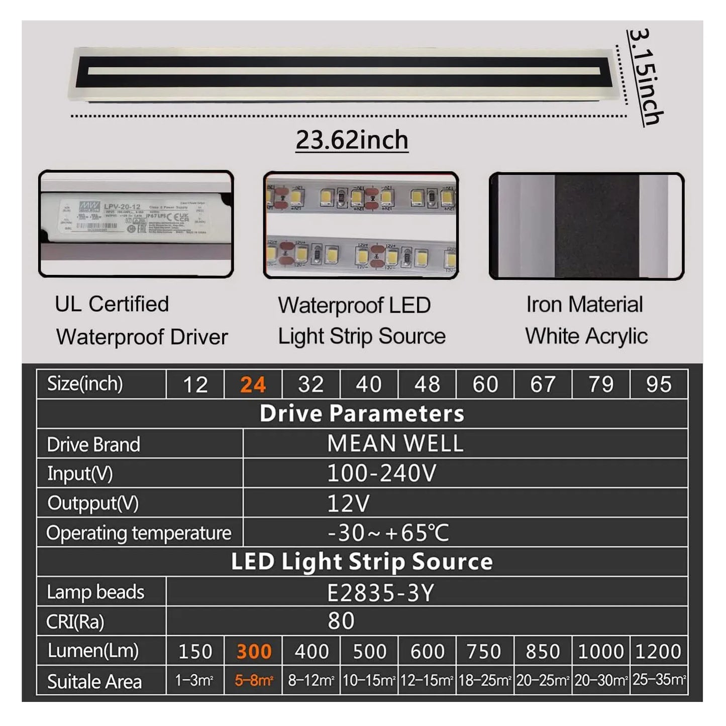 Outdoor Long Strip Modern LED Wall Sconce Fixture IP67 Frosted Acrylic