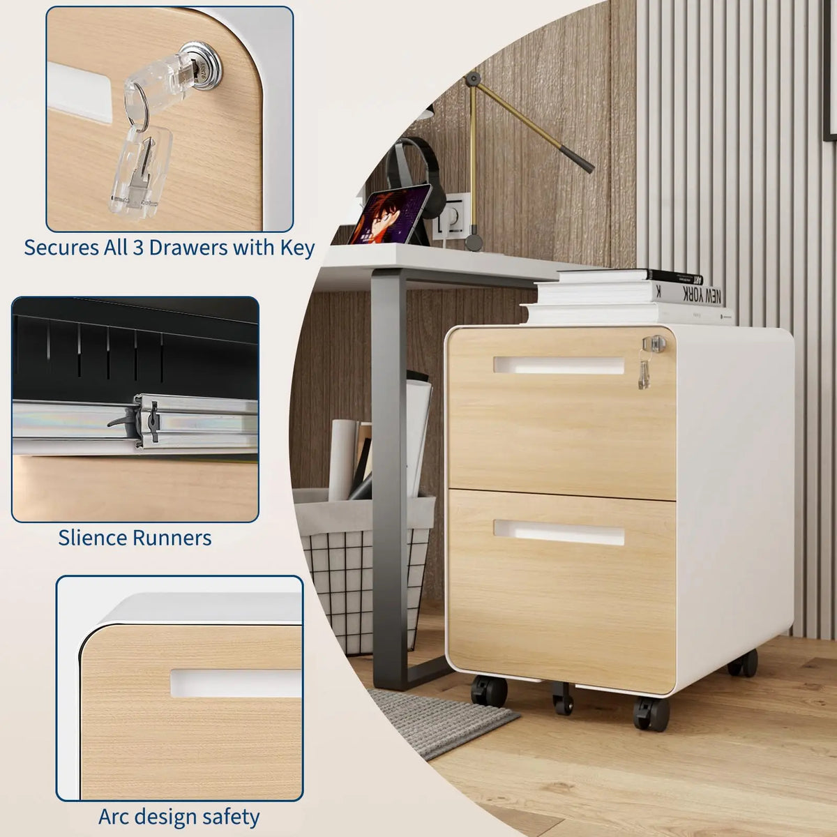 HiMISS Mobile Metal File Cabinet With Lock, Rolling Office Storage