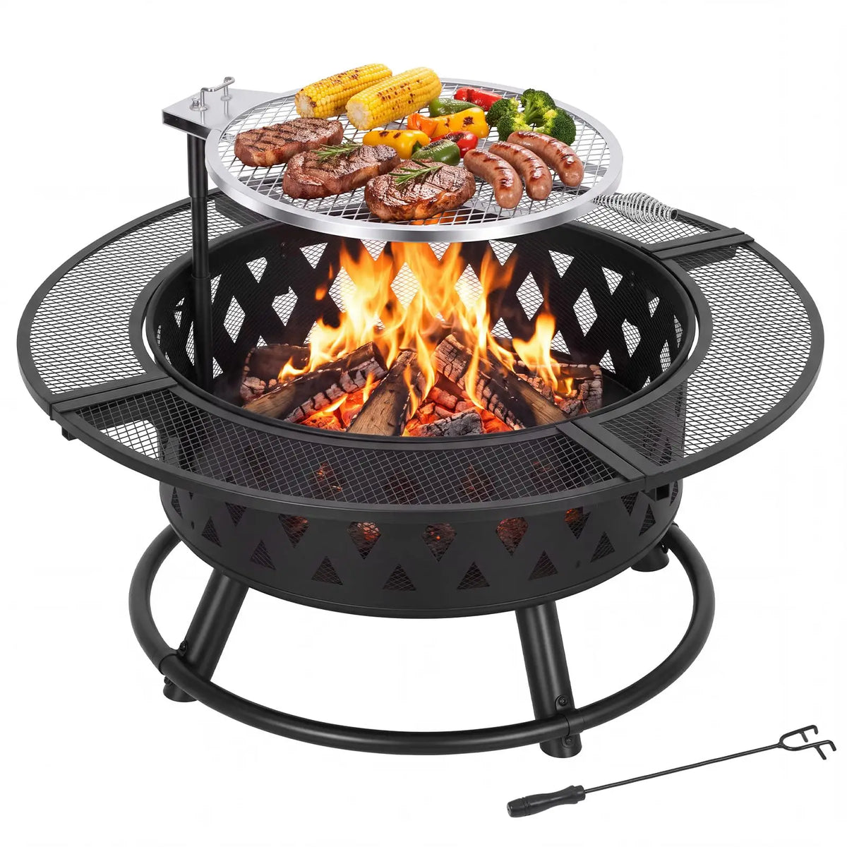 HiMISS Wood Burning Fire Pit With Grill And Mesh Guard