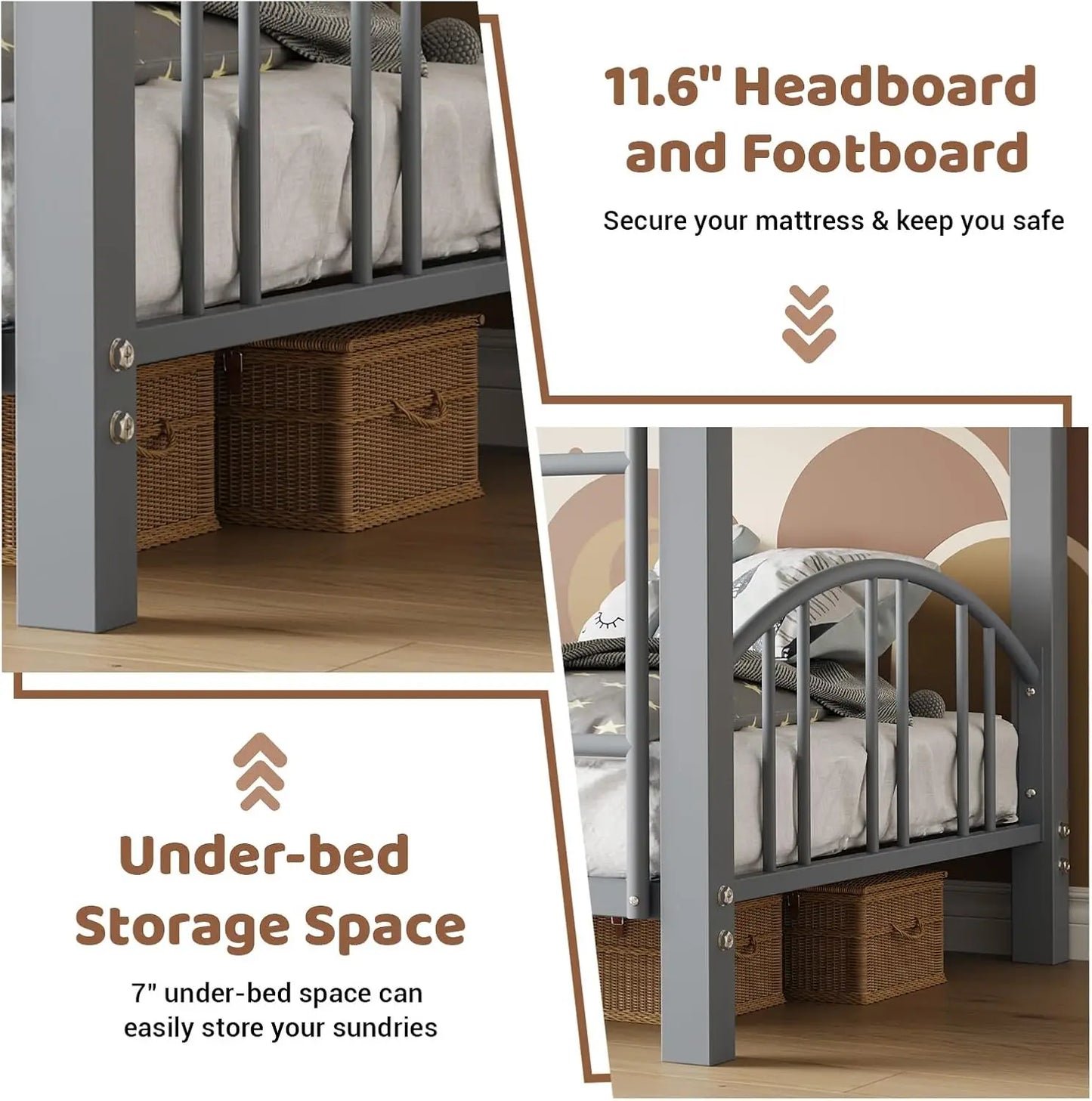 Acekool Metal Loft Bed With Heightened Safety Guardrail And Ladder