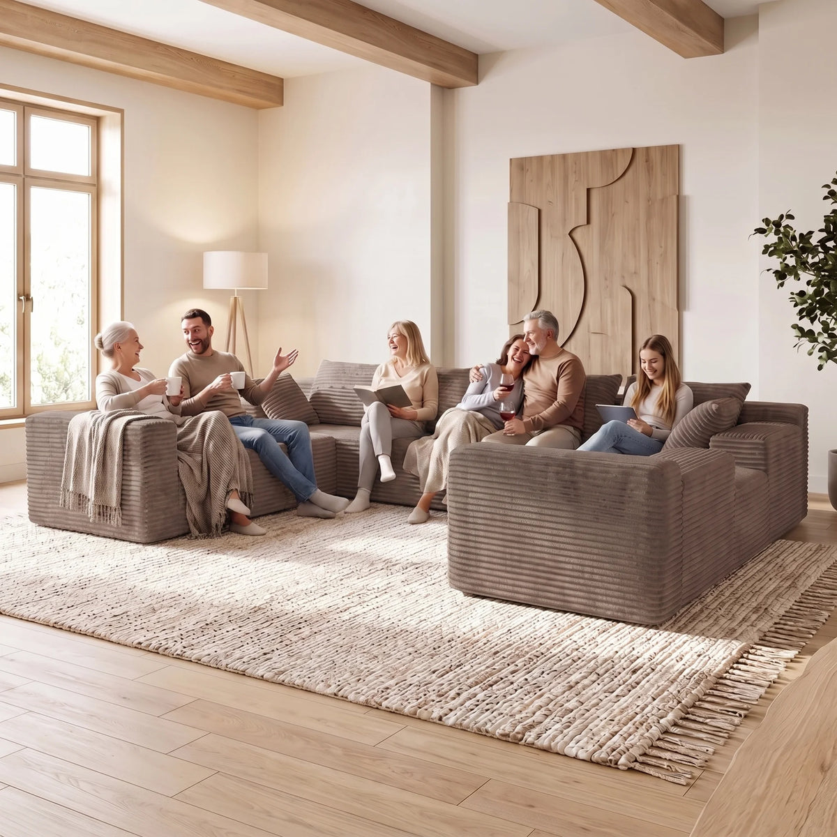U Shaped Corduroy Sectional Sofa Deep Seat Cloud Couch