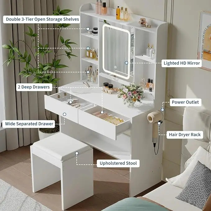 HiMISS Vanity Desk With Mirror And Lights Makeup Table Set