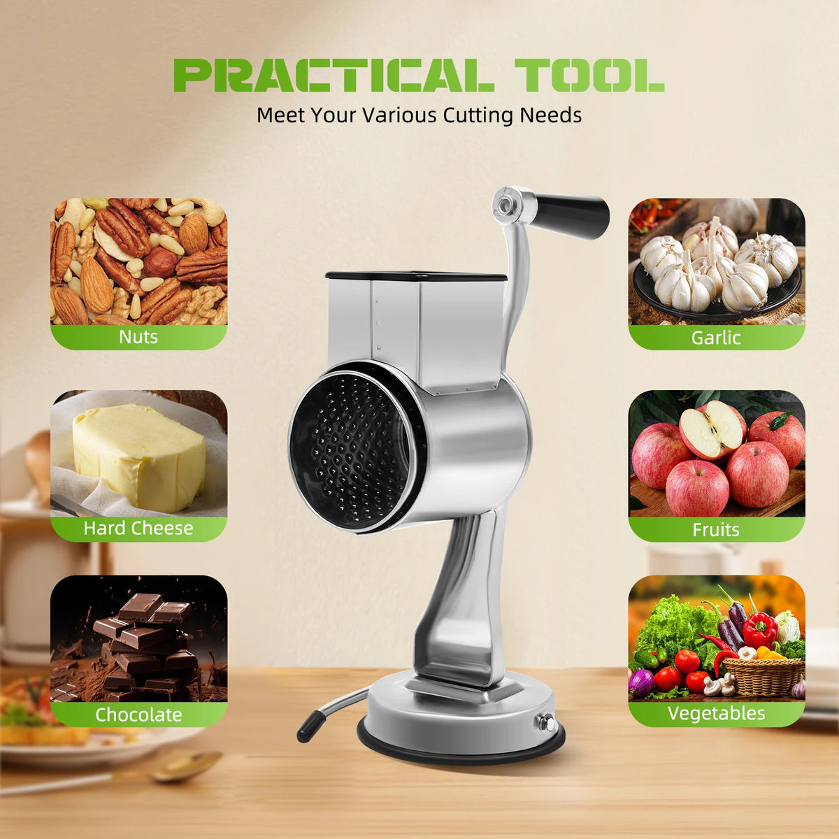 Manual Rotary Grater With Five Stainless Steel Blades Vegetable Slicer