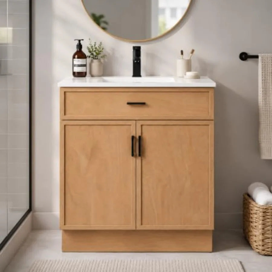 Bathroom Vanity With Ceramic Sink And Water Resistant Wood Cabinet