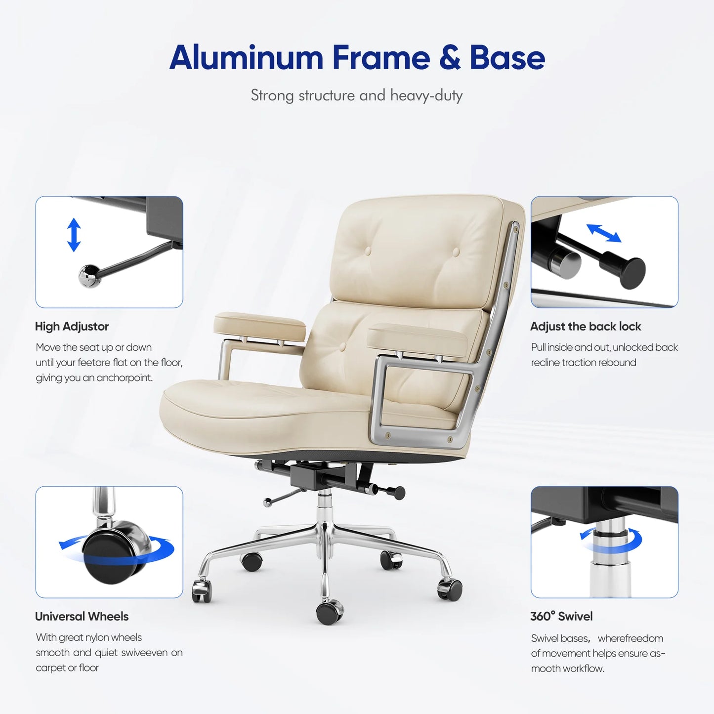 Furgle Genuine Leather Office Chair With Aluminum Arms And Wheels