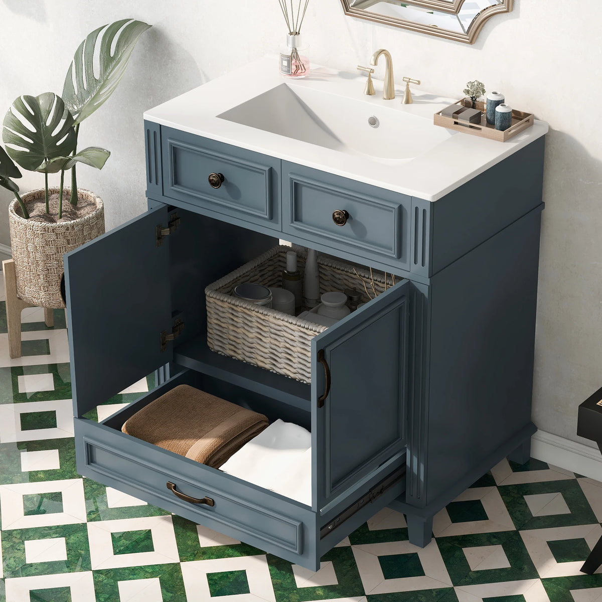 Solid Wood Bathroom Vanity With Ceramic Sink Soft Close Storage