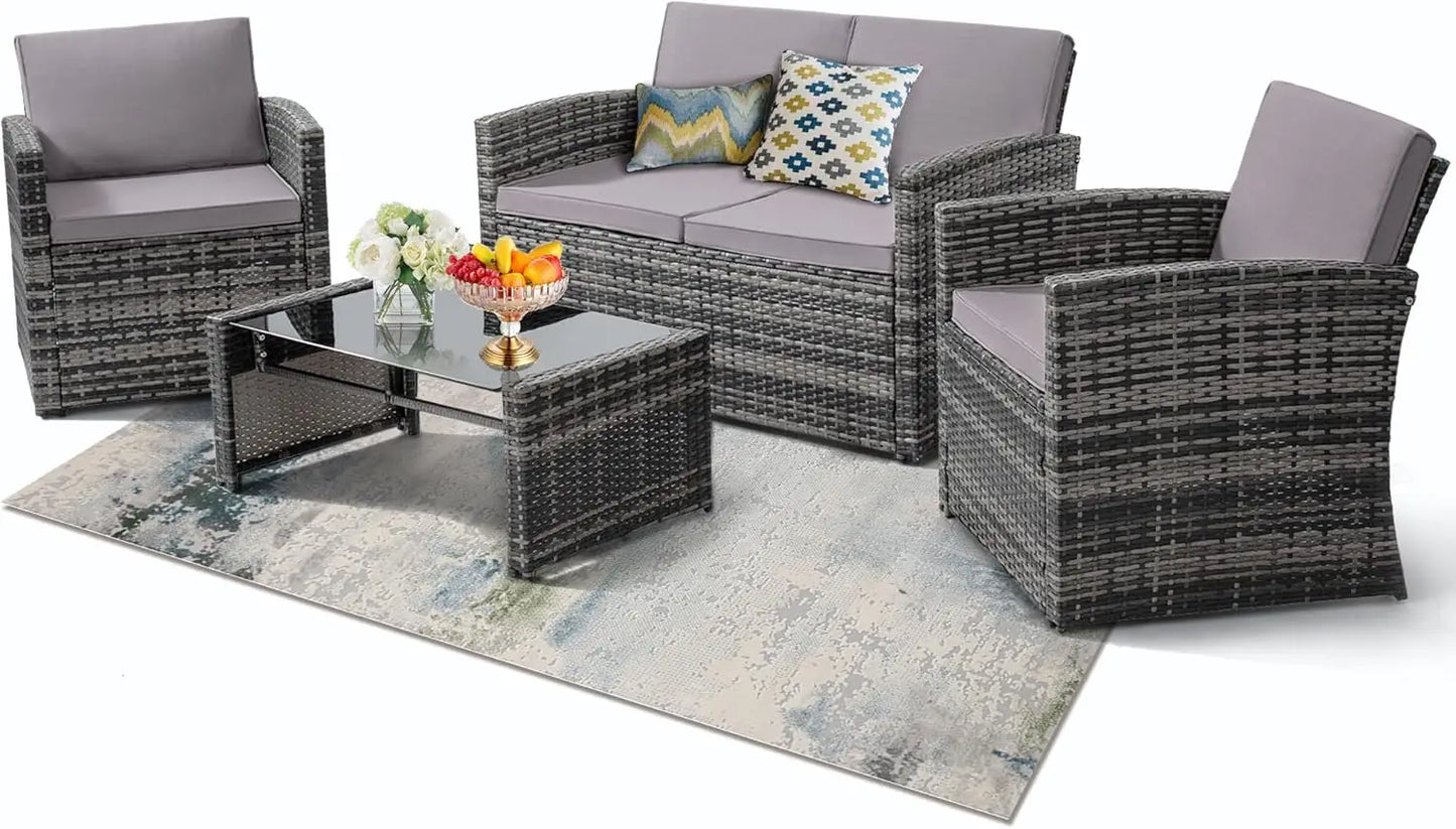 Outdoor 4 Piece Patio Conversation Set Rattan Sectional Sofa Cushioned