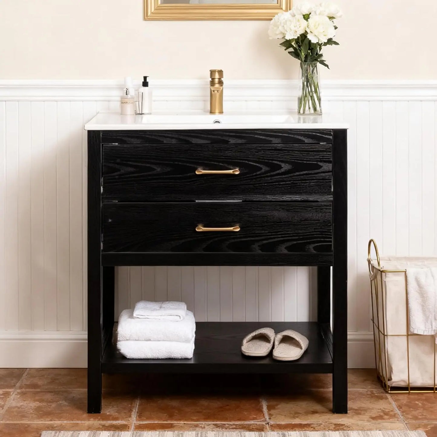Farmhouse Freestanding Bathroom Vanity With Sink Oak Cabinet Drawers
