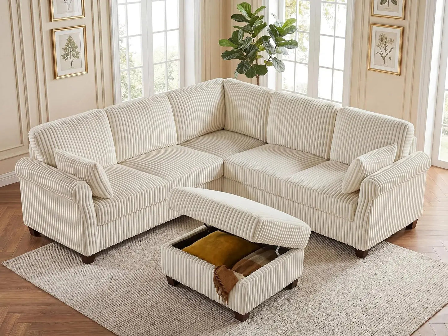 Cloud Comfort V Shaped Sectional Sofa With Storage Ottoman