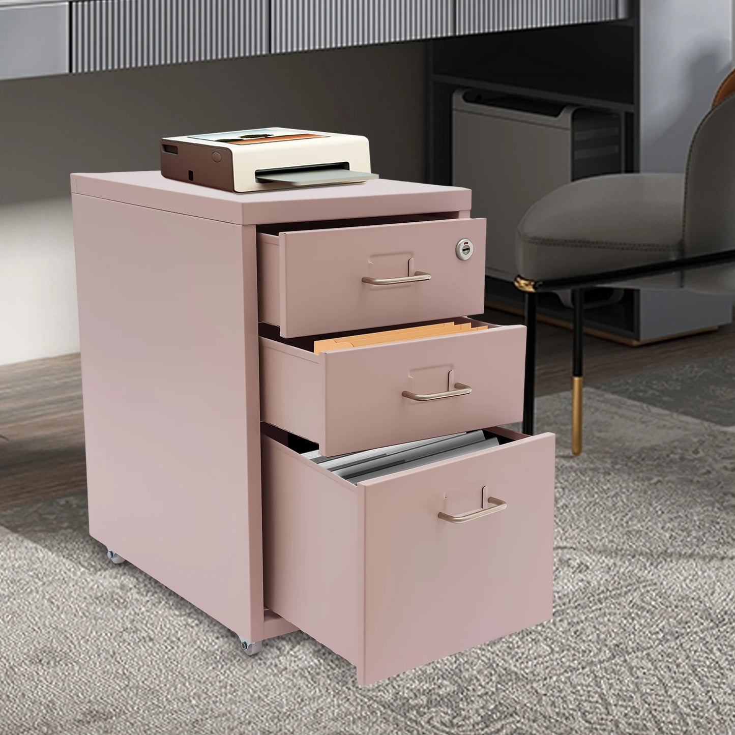 Bymaocar Metal File Cabinet With Wheels Three Drawer Rolling Office And Home Organizer