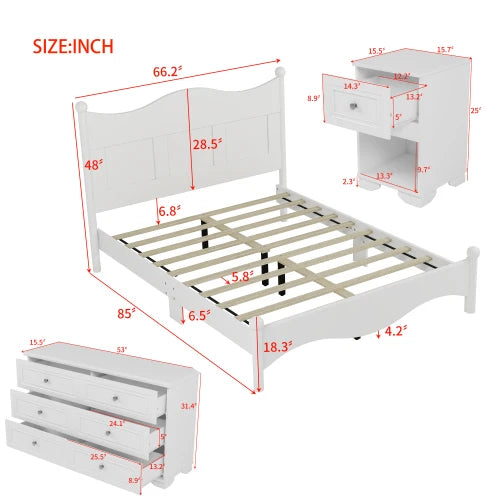 Retro Style 4-Piece Bedroom Set Platform Bed Storage Nightstand Dresser