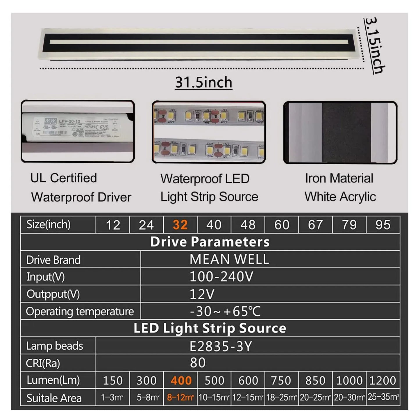 Outdoor Long Strip Modern LED Wall Sconce Fixture IP67 Frosted Acrylic