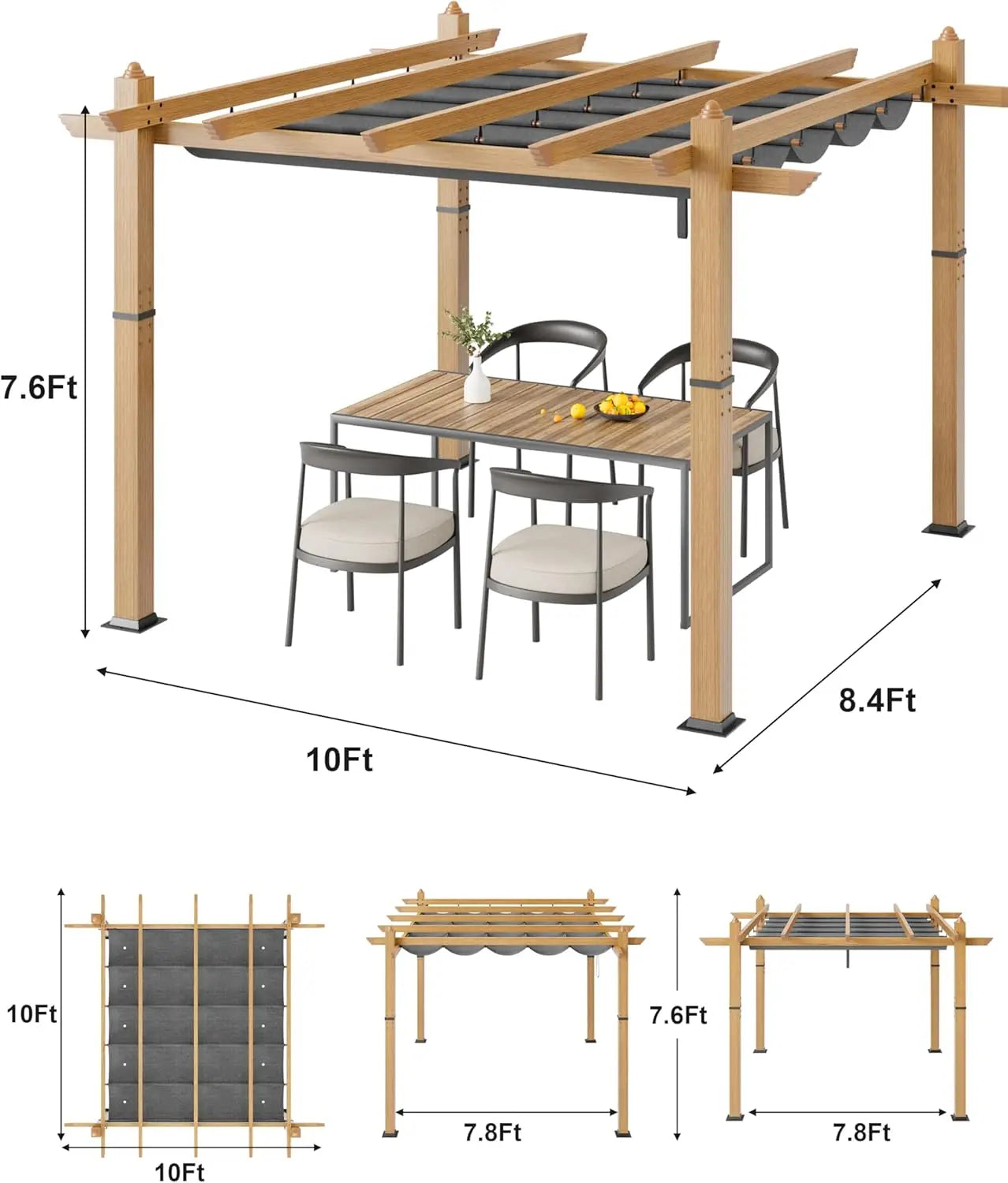 HiMISS Outdoor Pergola With Retractable Canopy Faux Wood Gazebo