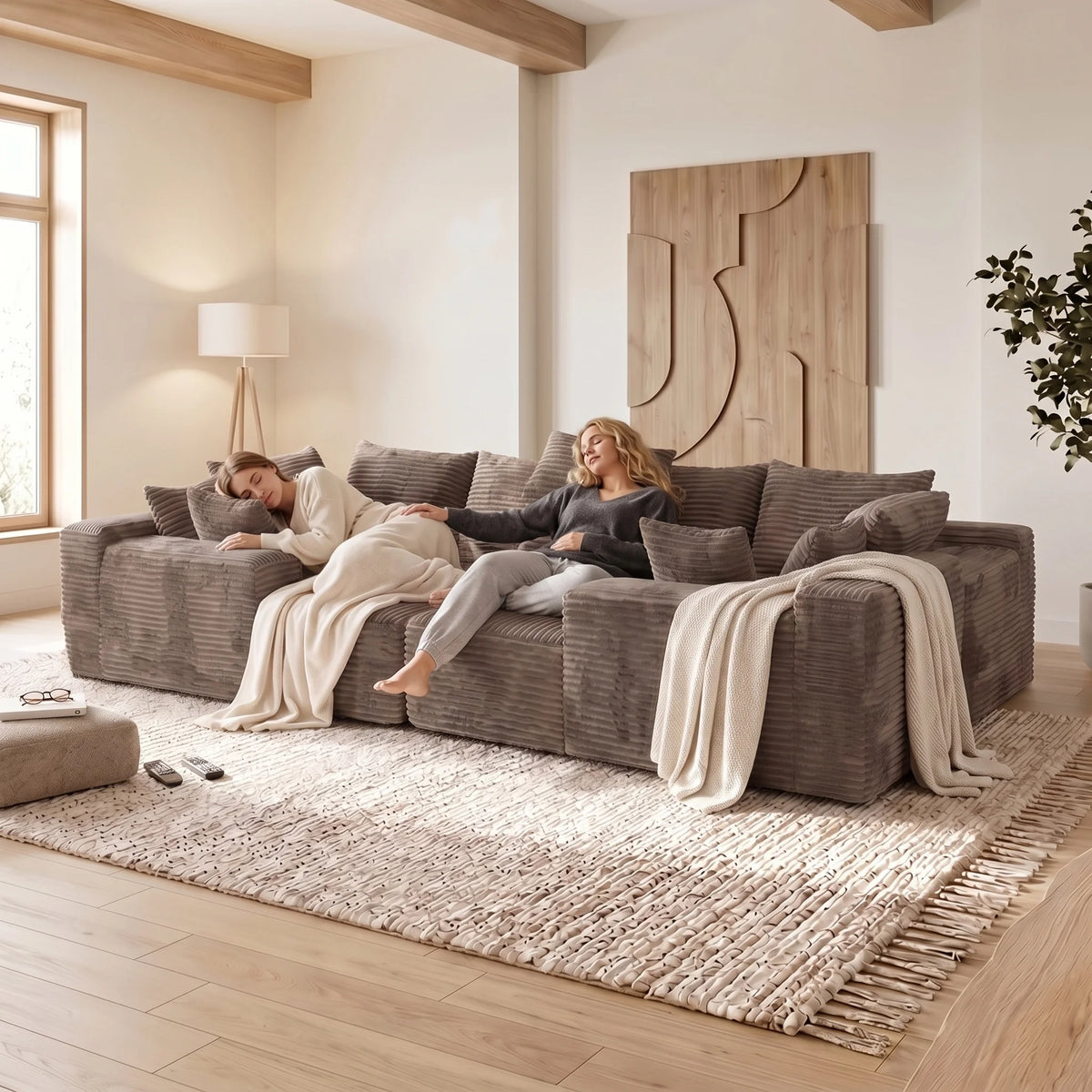U Shaped Corduroy Sectional Sofa Deep Seat Cloud Couch