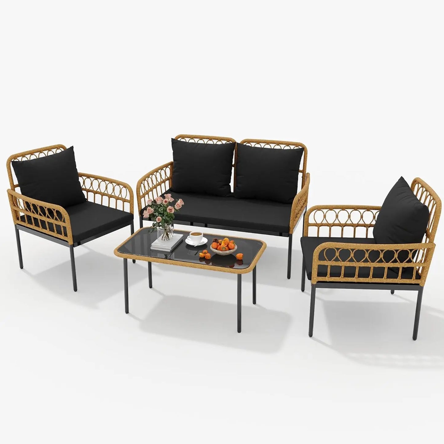 HiMISS 4-Piece Rattan Patio Set With Glass Table Outdoor