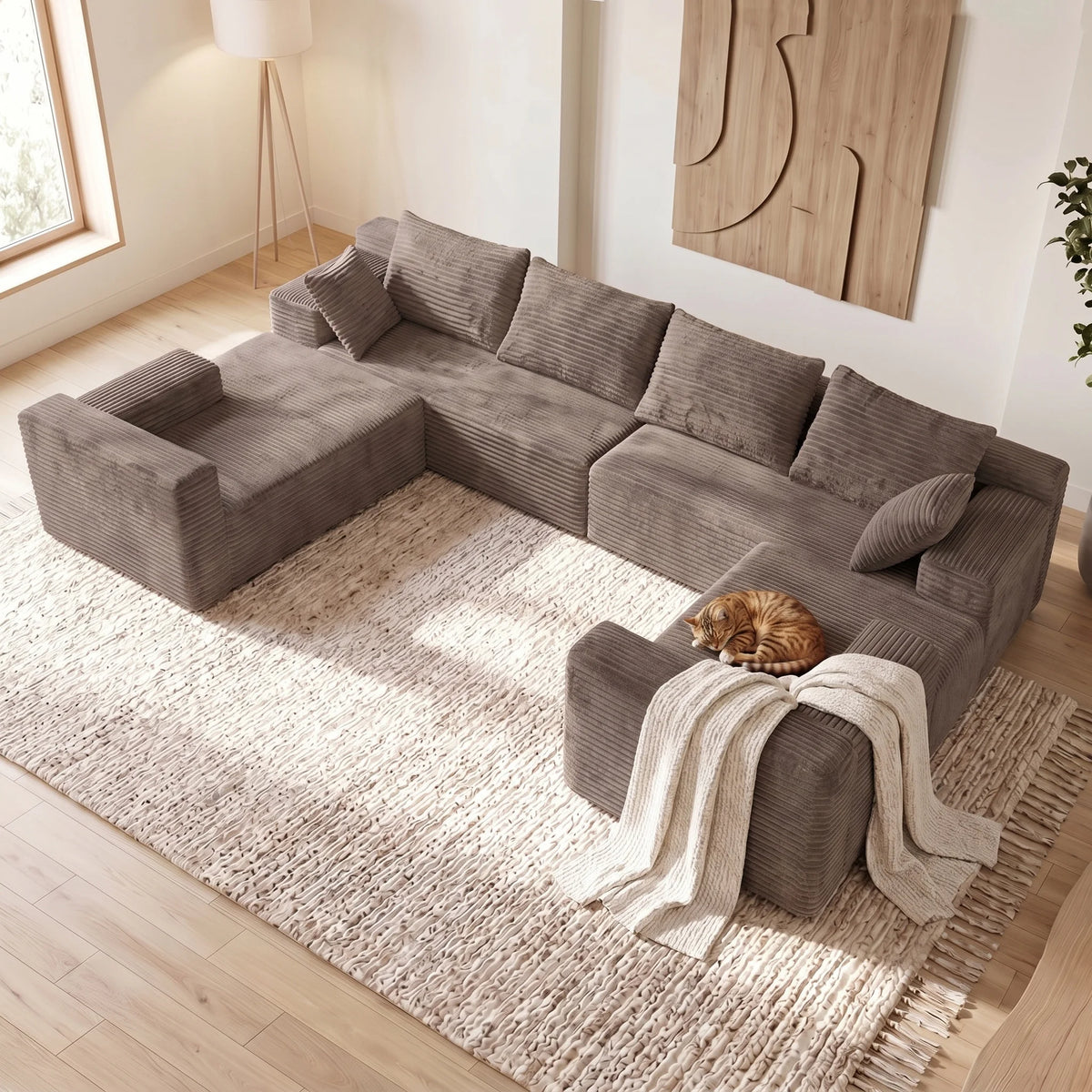 U Shaped Corduroy Sectional Sofa Deep Seat Cloud Couch