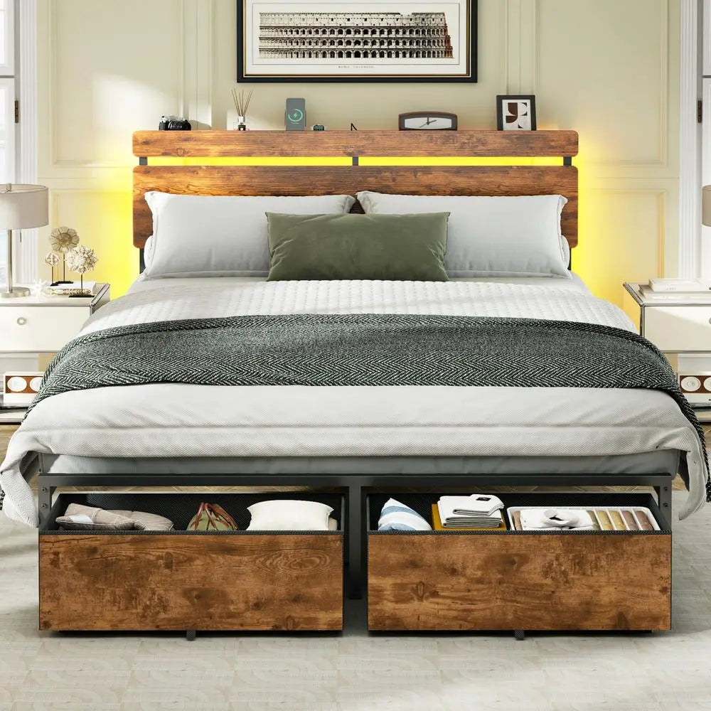 Wood Headboard Bed Frame With Storage Drawers And LED Lights