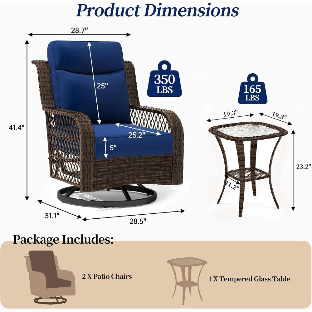 Outdoor Swivel Rocker Chair 3 Piece Set With Rattan Side Table Thick Cushions