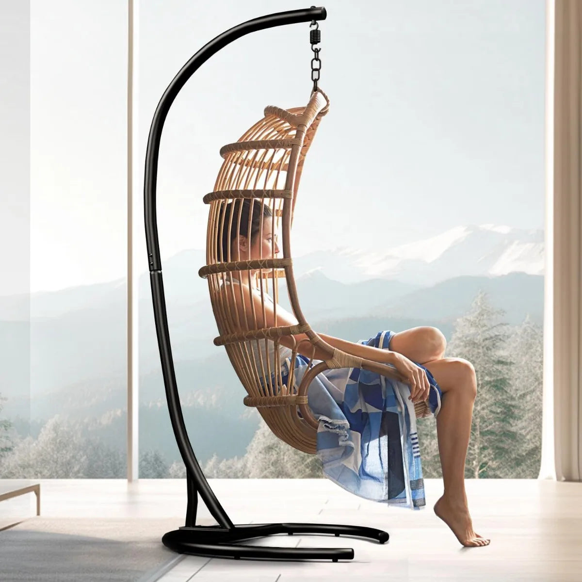 Heavy Duty Hammock Chair Stand With C-Frame And 360 Degree Rotation Supports Up To 300 Lbs For Indoor Outdoor Use