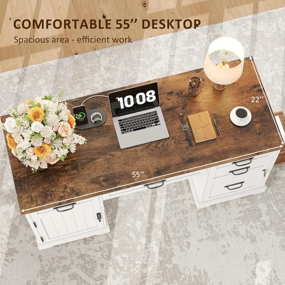 XIAOLANG Farmhouse Executive Computer Desk With USB Charging And File Cabinet
