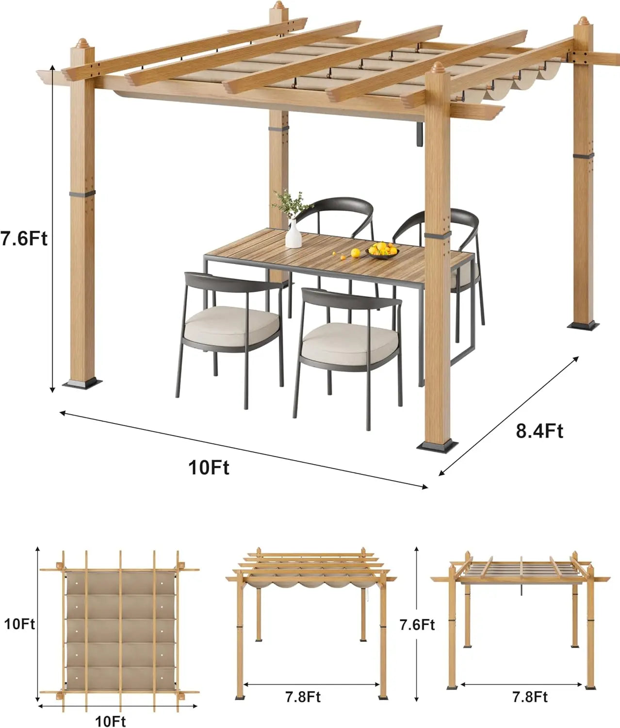 HiMISS Outdoor Pergola With Retractable Canopy Faux Wood Gazebo