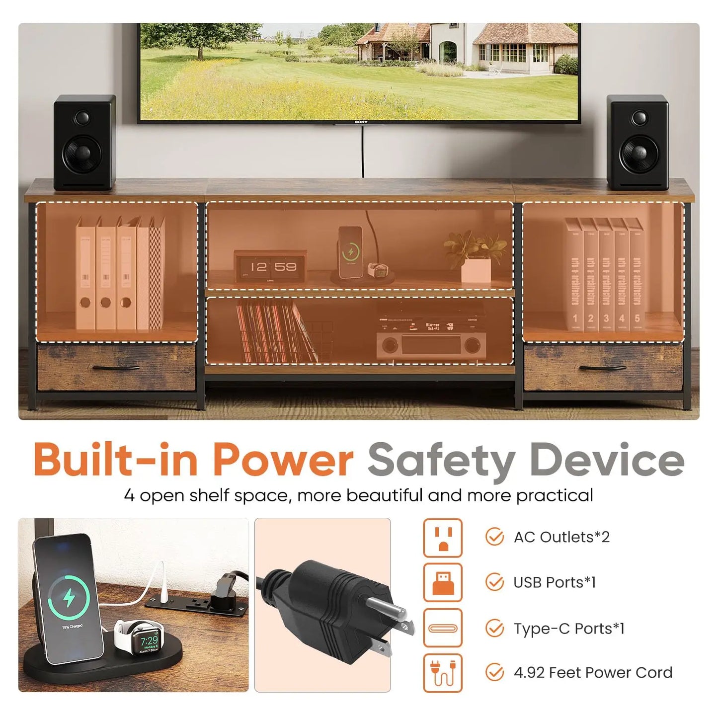 JHK Wooden TV Stand Entertainment Center Adjustable Shelves