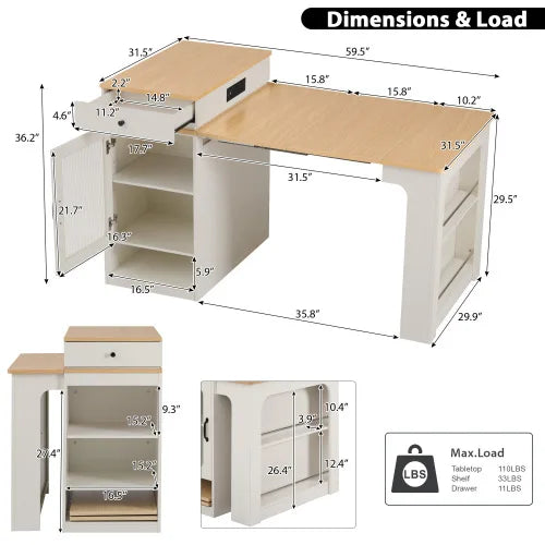 Kitchen Island With Extendable Table And Two Drawers With Outlet