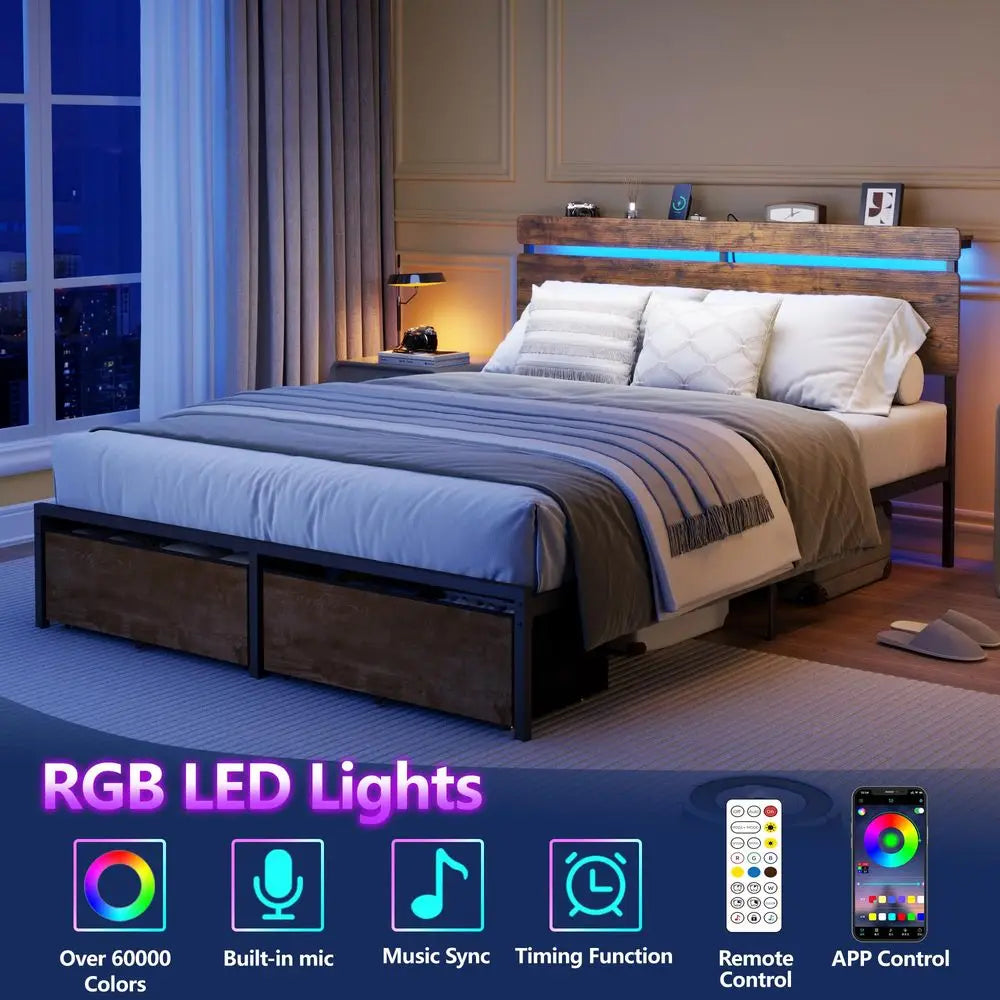 Wood Headboard Bed Frame With Storage Drawers And LED Lights