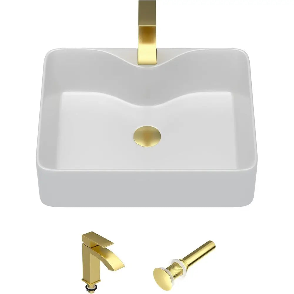 Rectangular Porcelain Vessel Sink With Faucet And Pop Up Drain