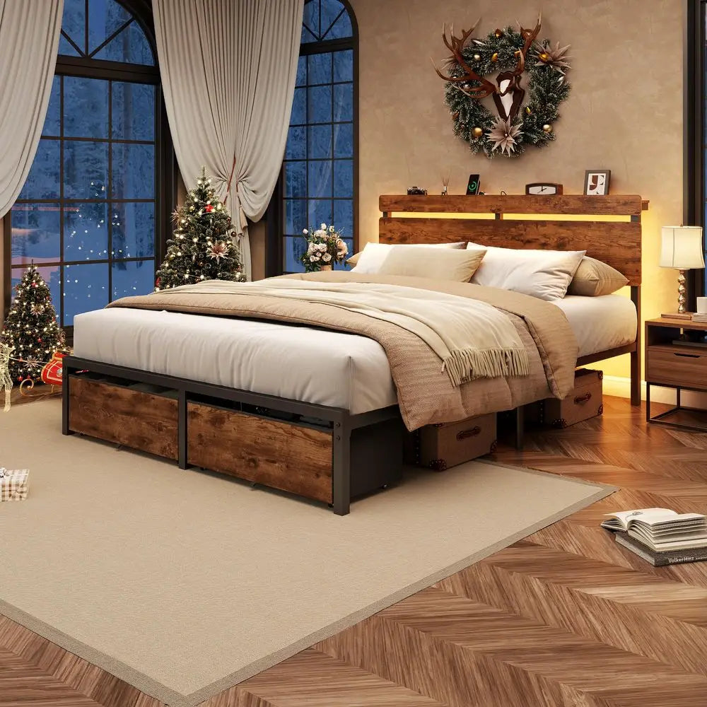 Wood Headboard Bed Frame With Storage Drawers And LED Lights