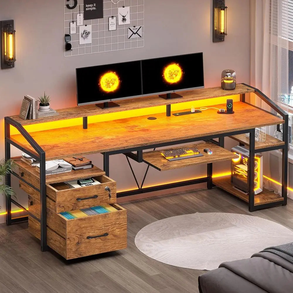 Office Desk With Lockable Drawers LED Lighting Power Outlet