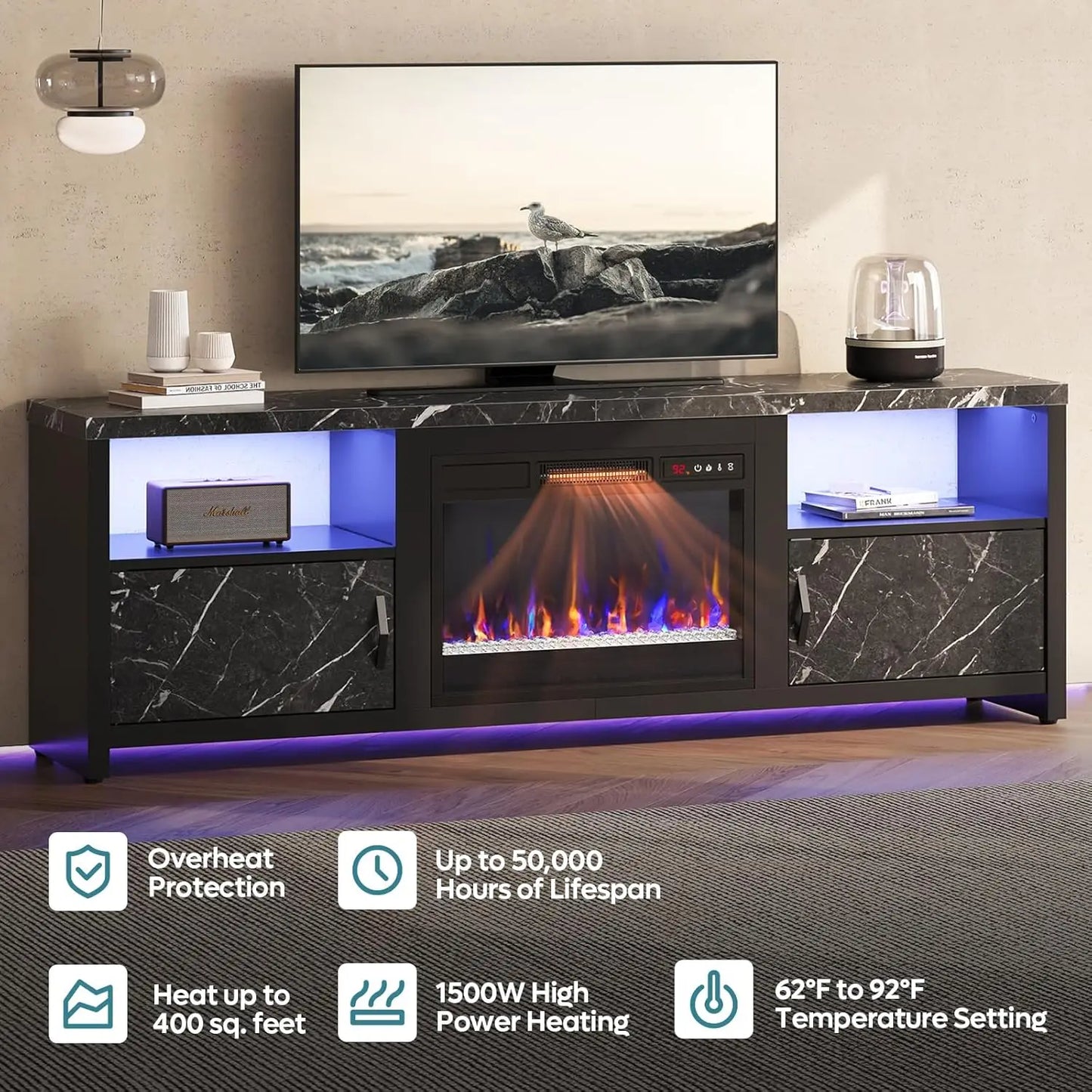 Electric Fireplace TV Stand With LED Lights And Storage Cabinets