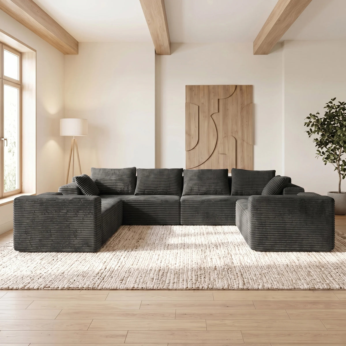 U Shaped Corduroy Sectional Sofa Deep Seat Cloud Couch