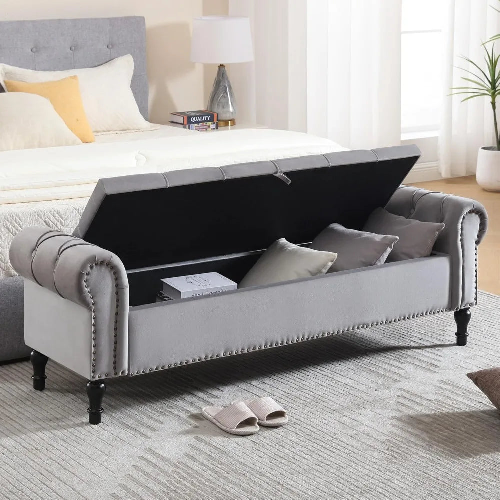 Velvet Tufted Storage Bench With Arms For Bedroom Living Room