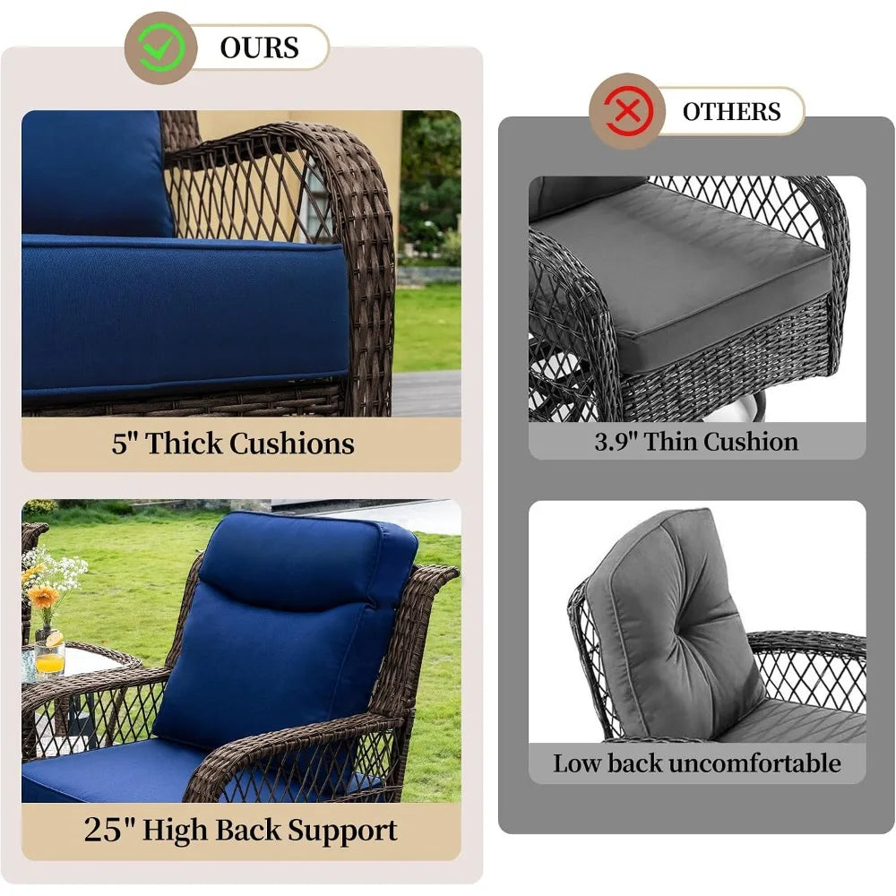 Outdoor Swivel Rocker Chair 3 Piece Set With Rattan Side Table Thick Cushions
