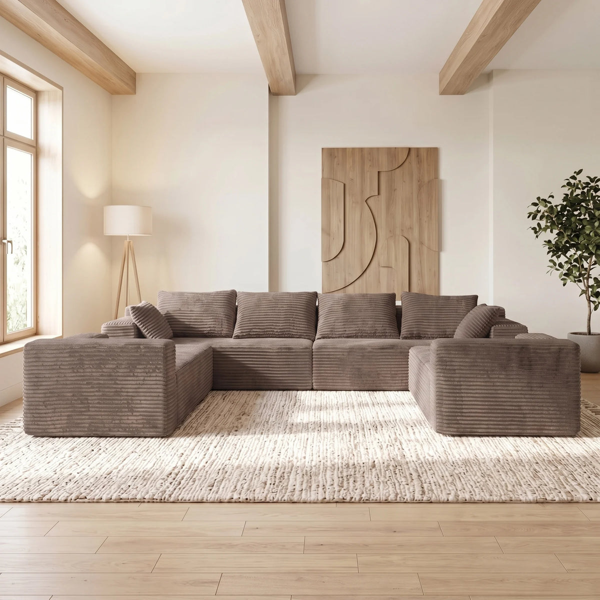 U Shaped Corduroy Sectional Sofa Deep Seat Cloud Couch