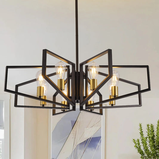8 Light Geometric Chandelier With Adjustable Height Metal Pendant