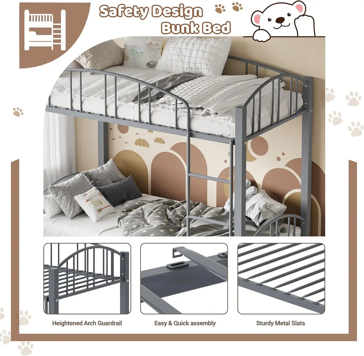 Acekool Metal Loft Bed With Heightened Safety Guardrail And Ladder