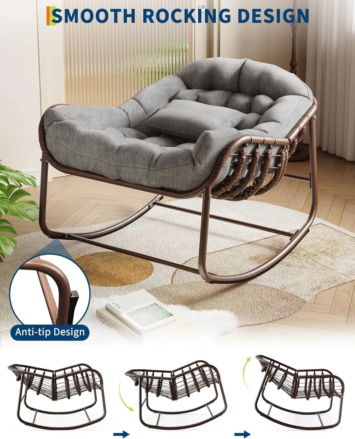 HiMISS Outdoor Papasan Egg Rocking Chair With Cushioned Wicker Seat