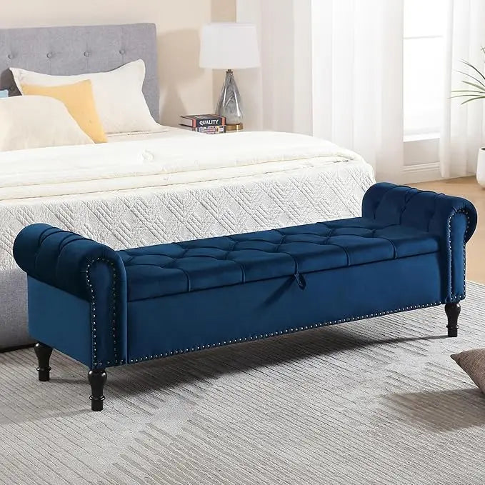 Velvet Tufted Storage Bench With Arms For Bedroom Living Room