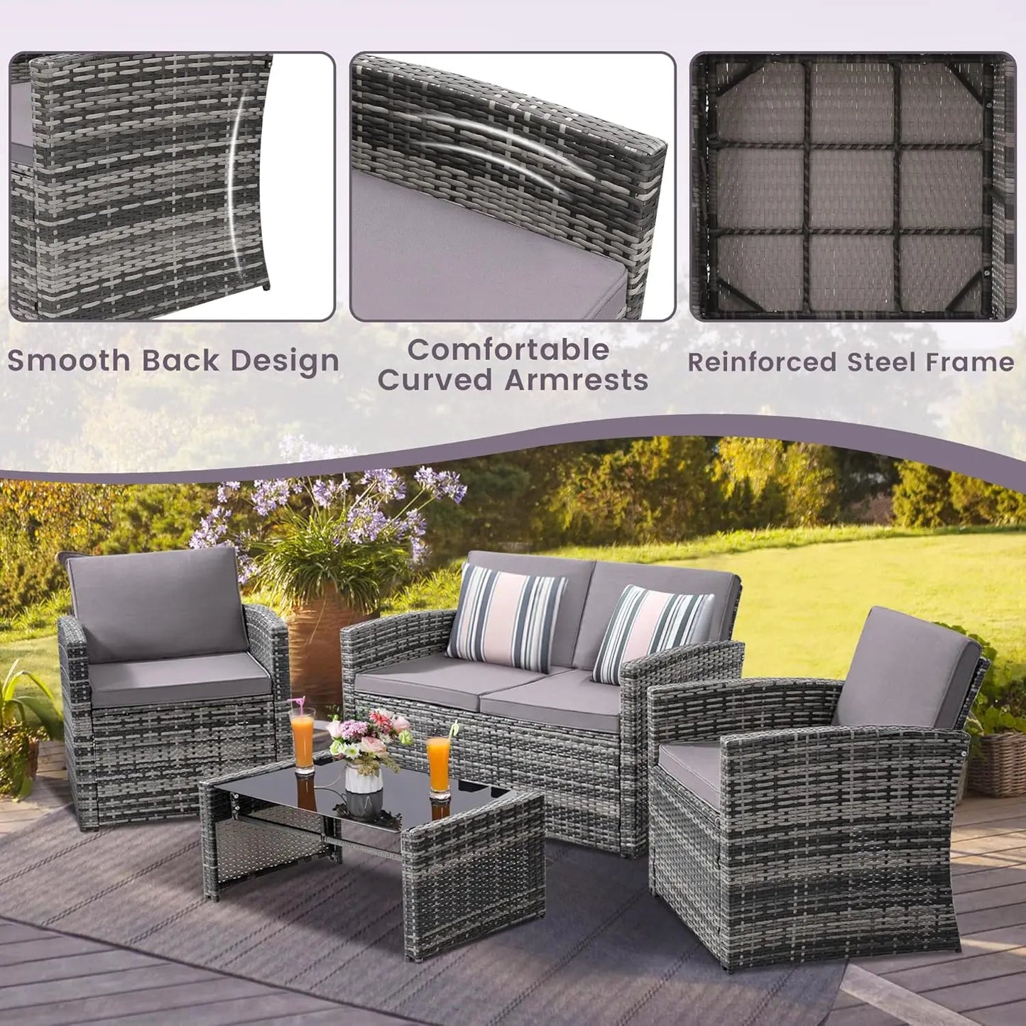 Outdoor 4 Piece Patio Conversation Set Rattan Sectional Sofa Cushioned