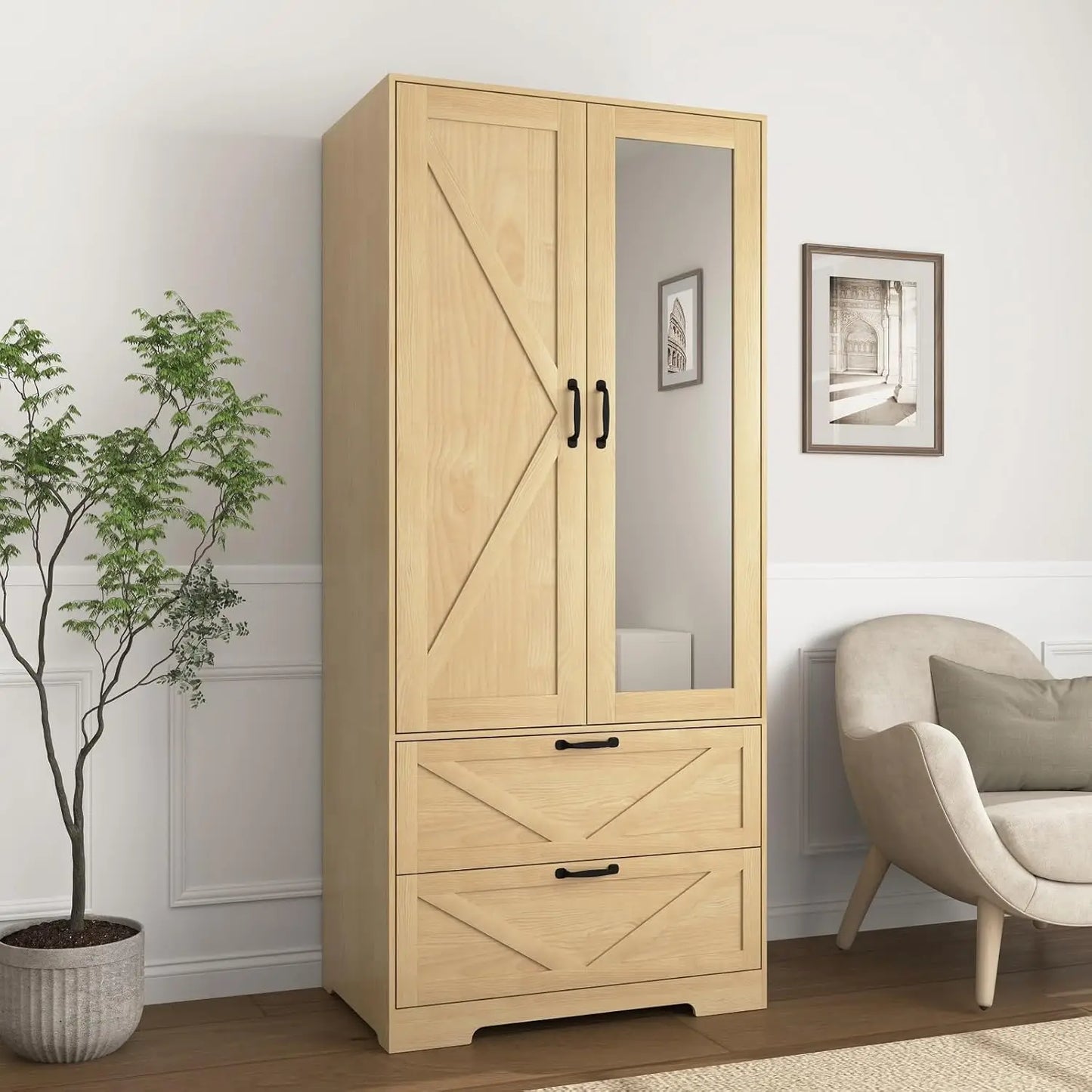 Armoire Wardrobe Closet With Mirror Doors And Hanging Rod Storage