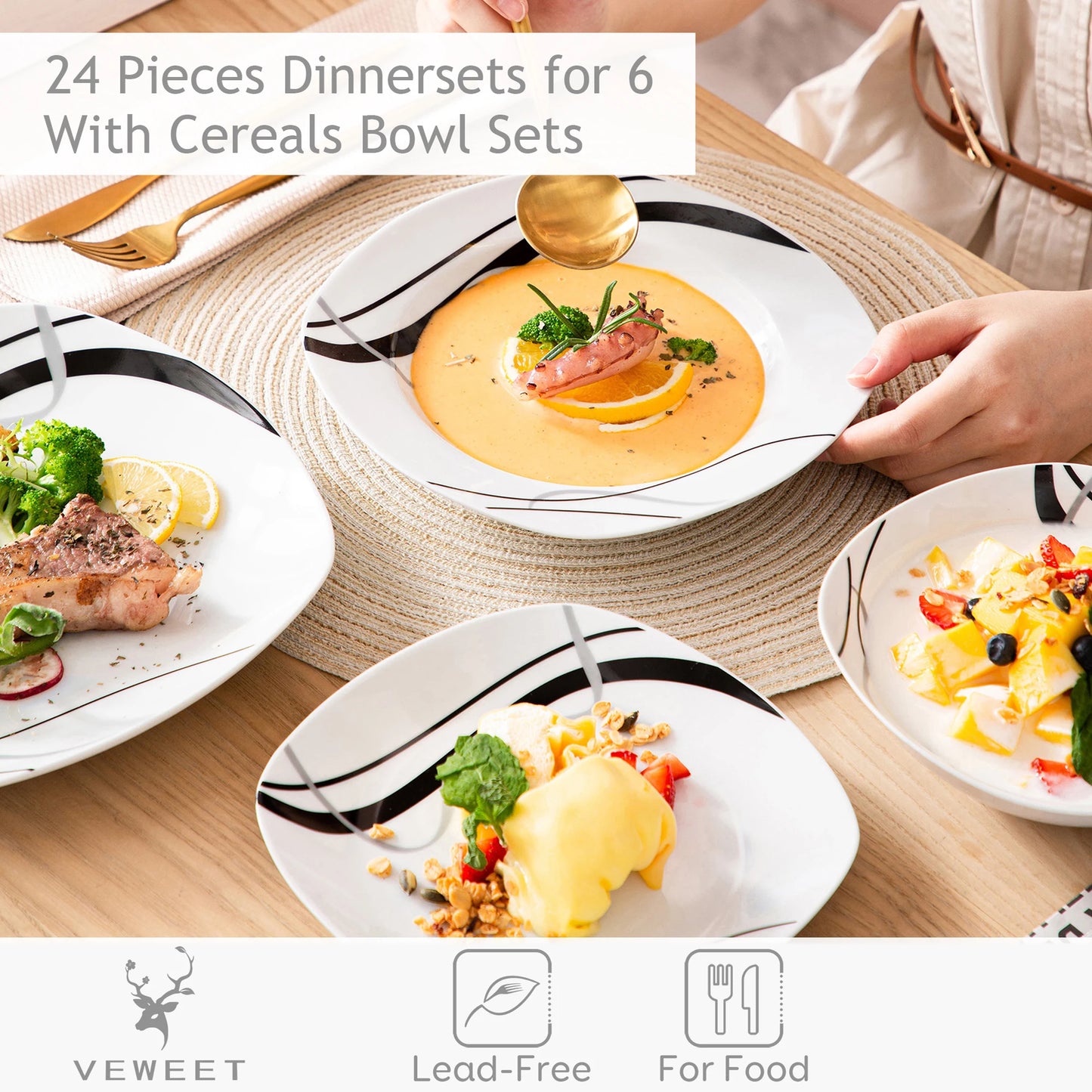Malacasa Fiona Porcelain Dinnerware Set With Dessert And Soup Plates