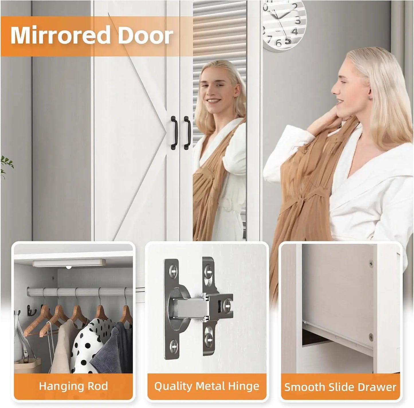 Armoire Wardrobe Closet With Mirror Doors And Hanging Rod Storage