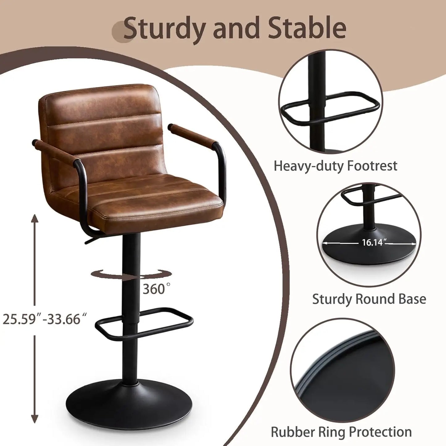 PU Leather Bar Stools Set Of 2 With Swivel Backrests
