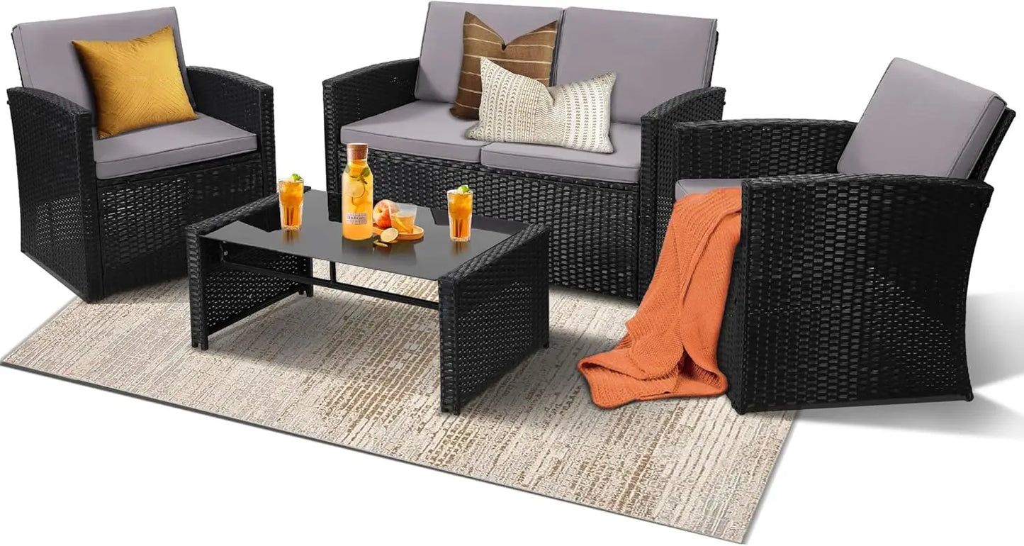 Outdoor 4 Piece Patio Conversation Set Rattan Sectional Sofa Cushioned