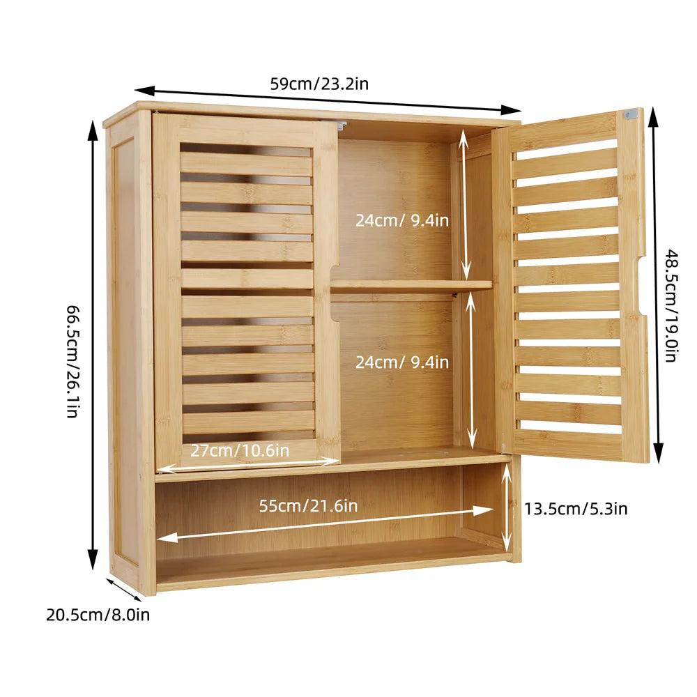 Natural Bamboo Wall Mounted Bathroom Cabinet 3 Tier Storage Shelf