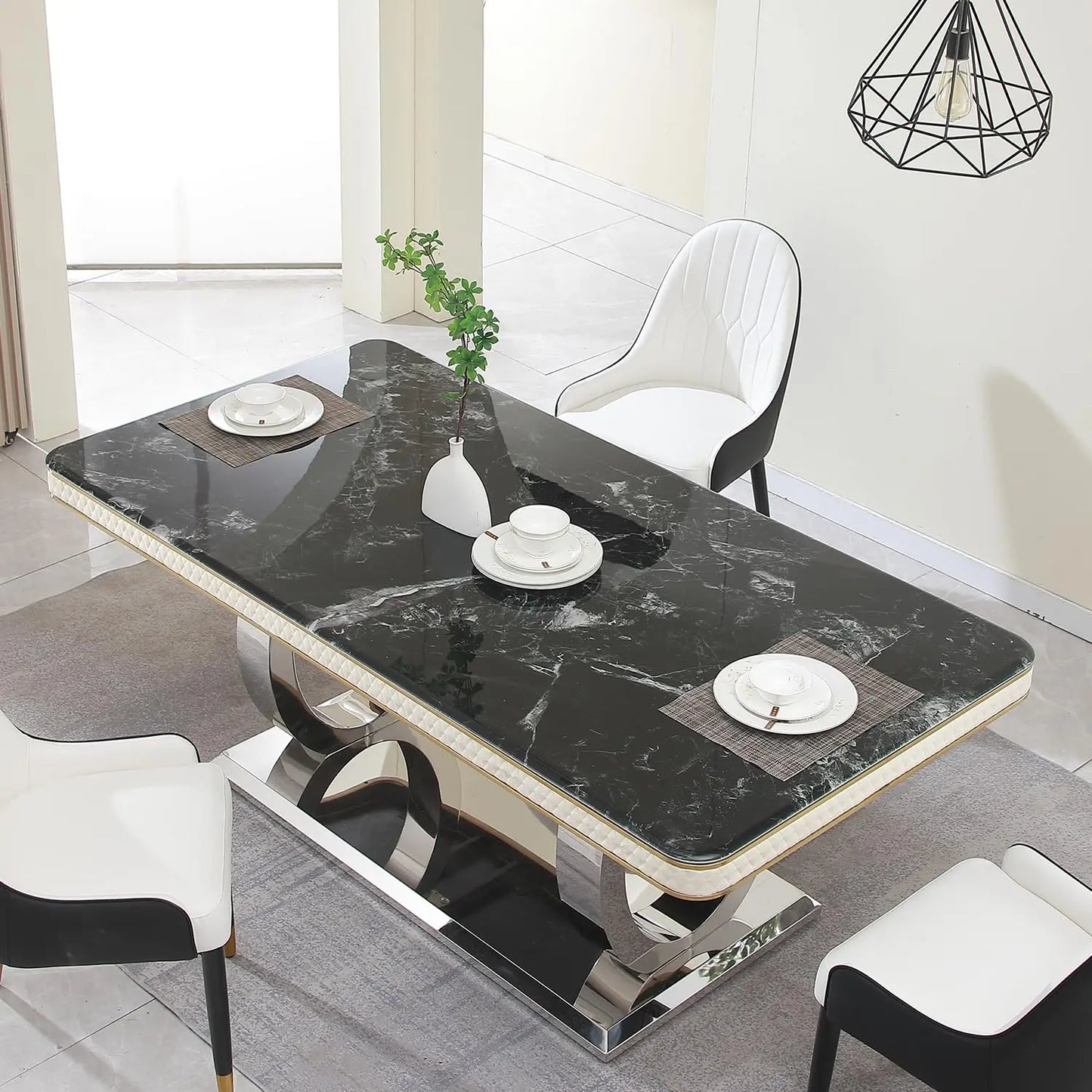 Sintered Stone Dining Table With Marble Top Carbon Steel Base